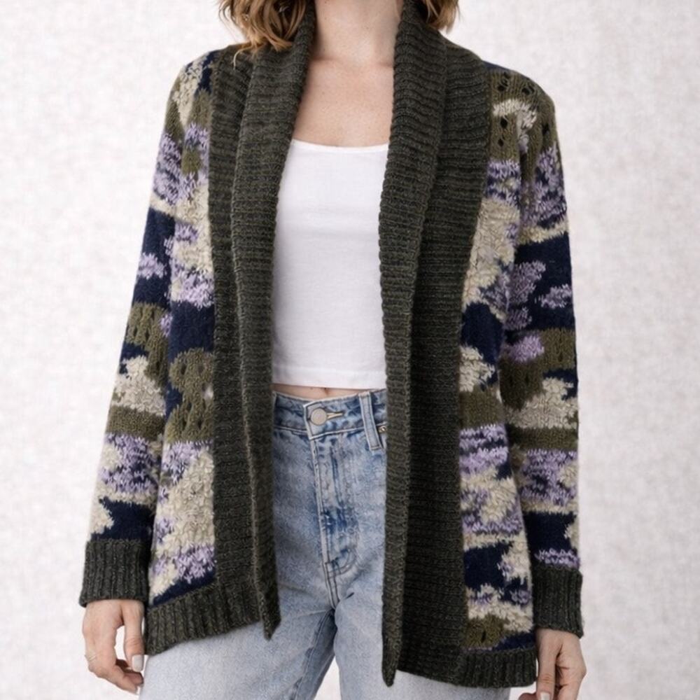 Sleeping On Snow Colorful Knit Cardigan Small Crochet Open Shawl Collar Cocoon